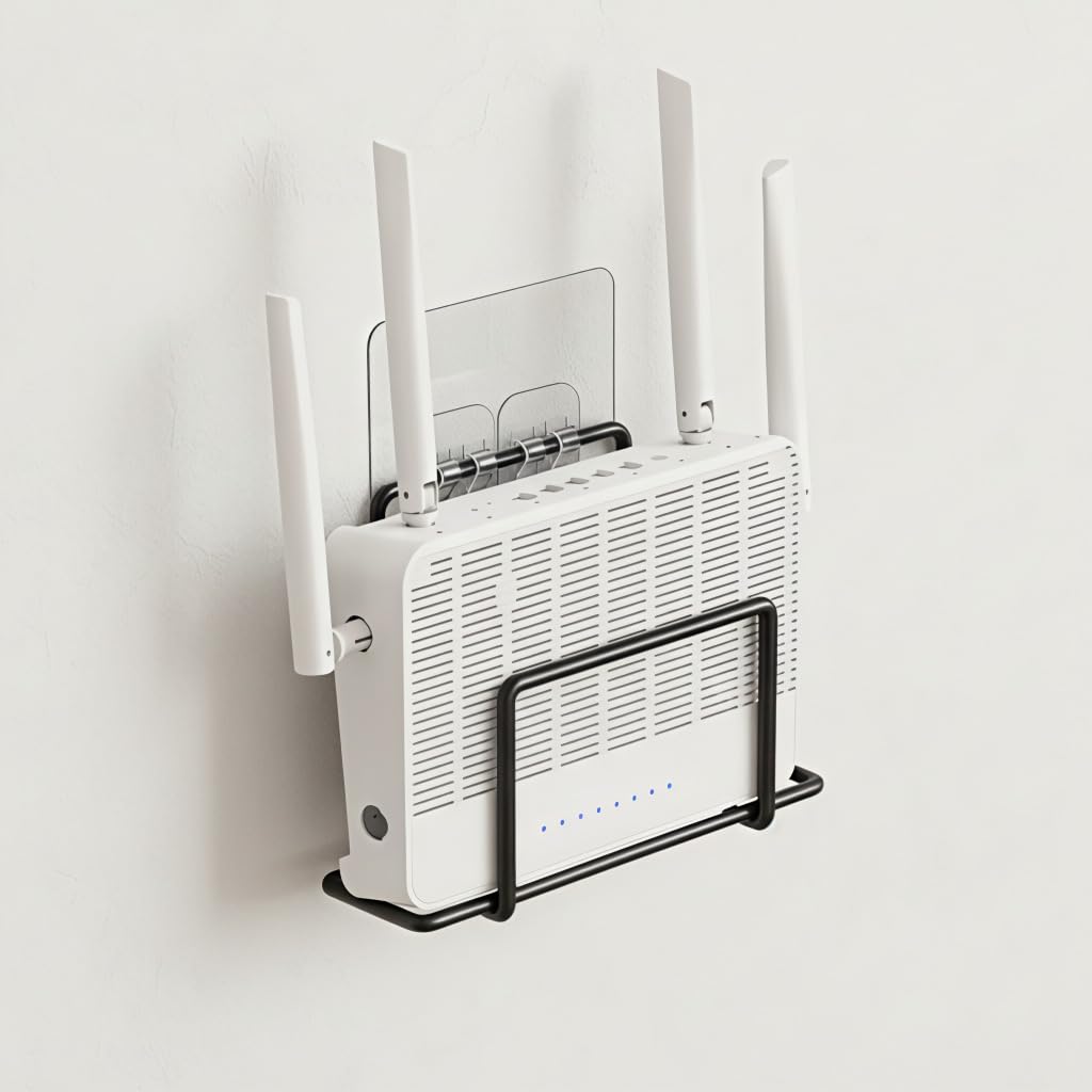 HASTHIP® WiFi Router Wall Mount Organizer, No-Drill Metal Holder Shelf for Router, Modem, Game Console, Small Devices, Space-Saving Home & Office - Black
