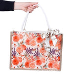 HASTHIP® DIY Craft Tote Bag Art Kit Blank Flax Cloth Tote with Silk Ribbon & Rose Flower Design, Customizable Handbag for Painting, Embroidery, or Gift Making