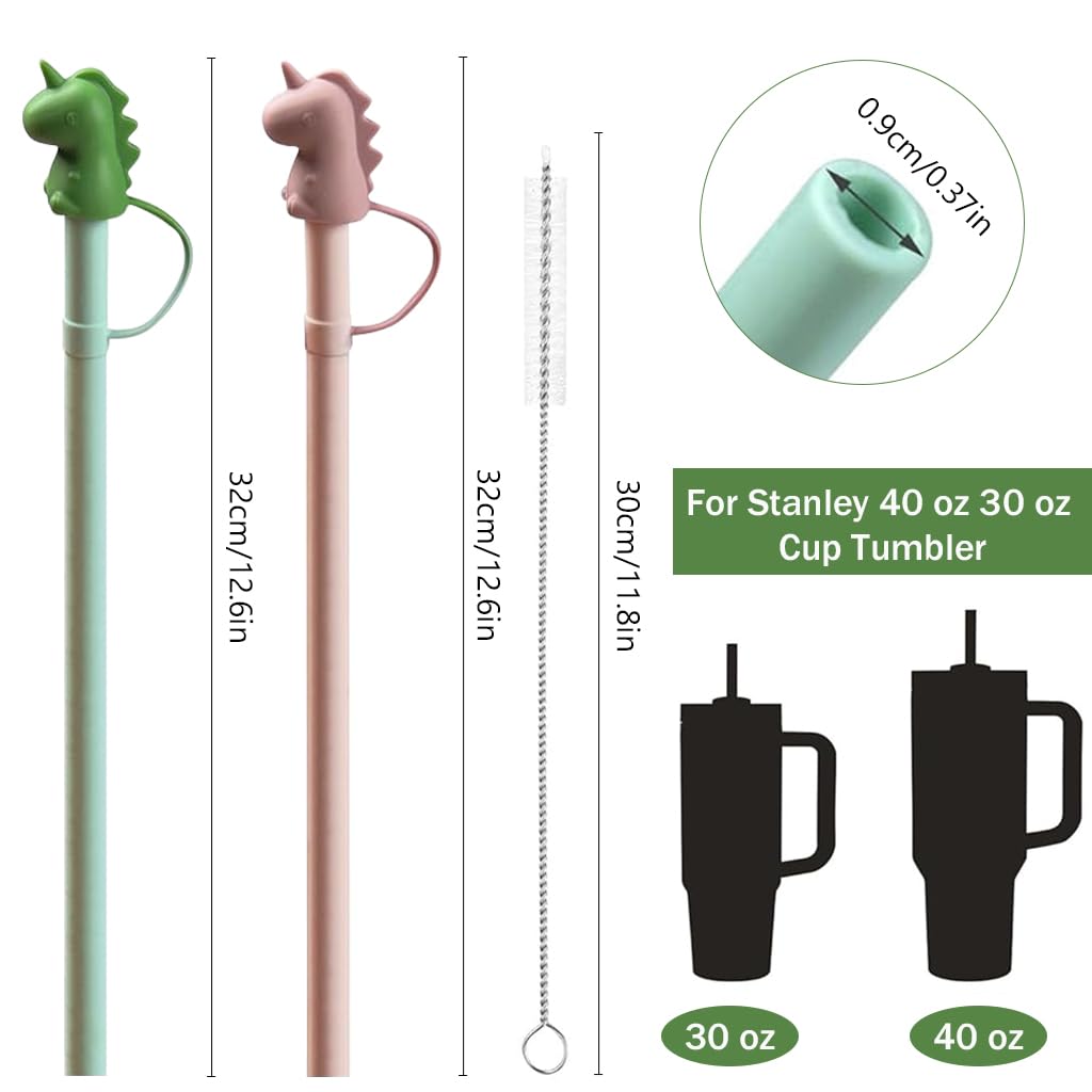 HASTHIP Silicone Straw Set 12 in with Cartoon Dino Cap and Cleaning Brush | BPA Free Reusable for Kids