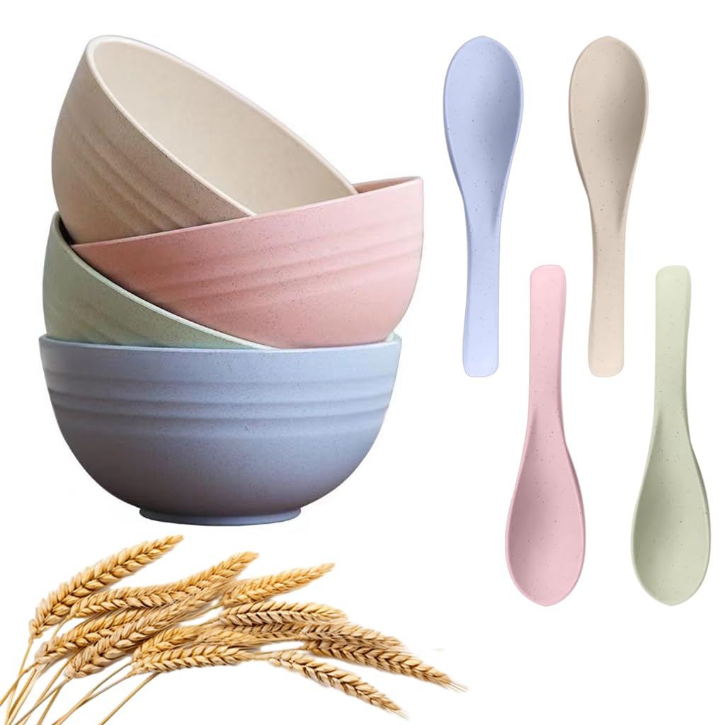HASTHIP Cereal Bowls Set of 4 for Everyday Dining with 350ml Capacity and Wheat Straw Fiber | BPA-Free Microwave Safe Tableware for Kitchen