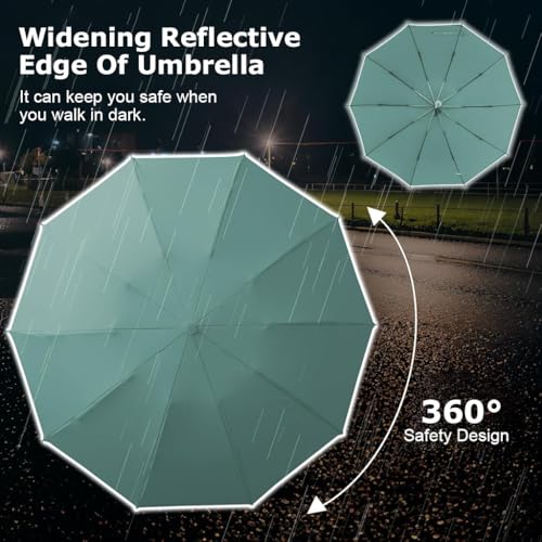 HASTHIP® Auto 3-Fold Large Umbrella with Reflective Strip, 50'' Compact Travel Umbrella, One-Touch Open/Close, Reinforced 10 Dual Ribs, Sun Protection 99 UV & Rain & Windproof for Men Women (Mint