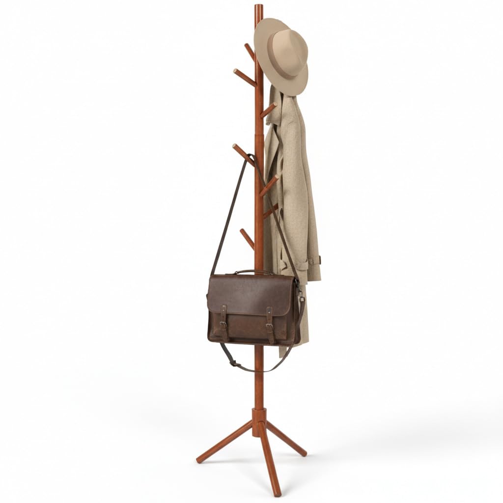 HASTHIP® Solid Wood Coat Hanger, 67.7'' Minimalist Cloth Stand for Bedroom, Coat Stand with 8 Twig Hooks, Freestanding Clothes & Hat Hanger