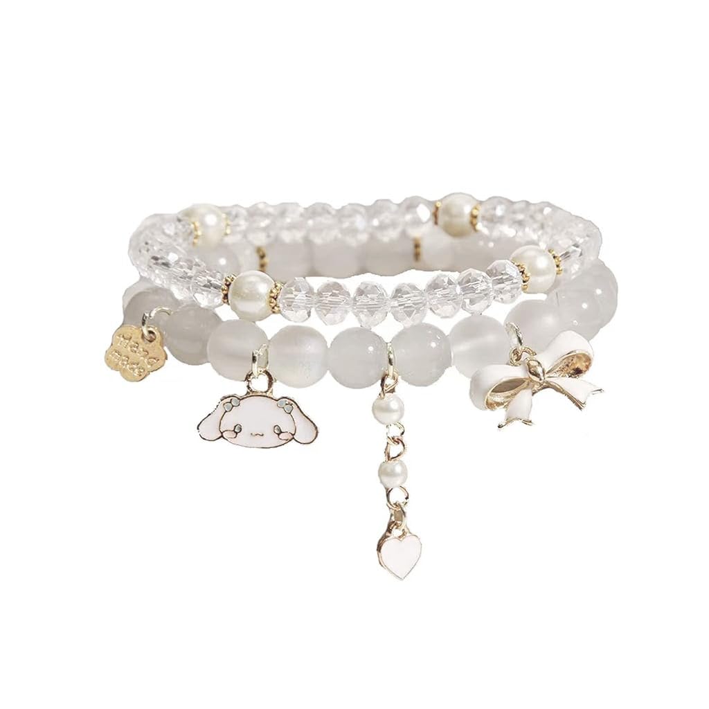 HASTHIP® 2pcs Crystal Bead Bracelet for Woman Girls Cinnamoroll Charm Friendship Bracelet for Girls, Dual Layered Cartoon Beige Elastic Bracelet for Women Girls Teens Birthday Christmas Gift