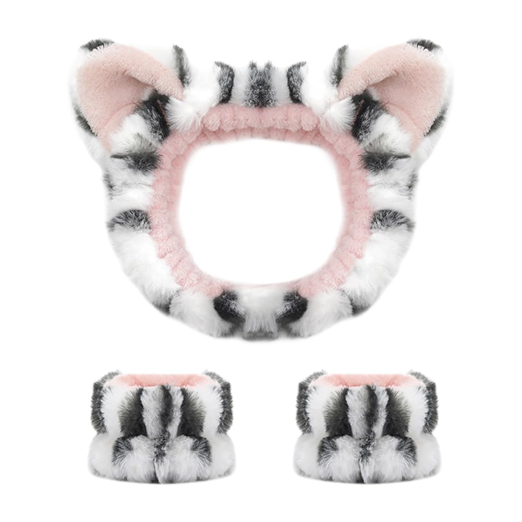 HASTHIP® Set de 3 Diademas Faciales y Muñequeras para Mujer,Banda de Toalla Microfibra y Franela Suave con Diseño Orejas Gato,Ajustable Absorbente Ideal para Lavado Cara
