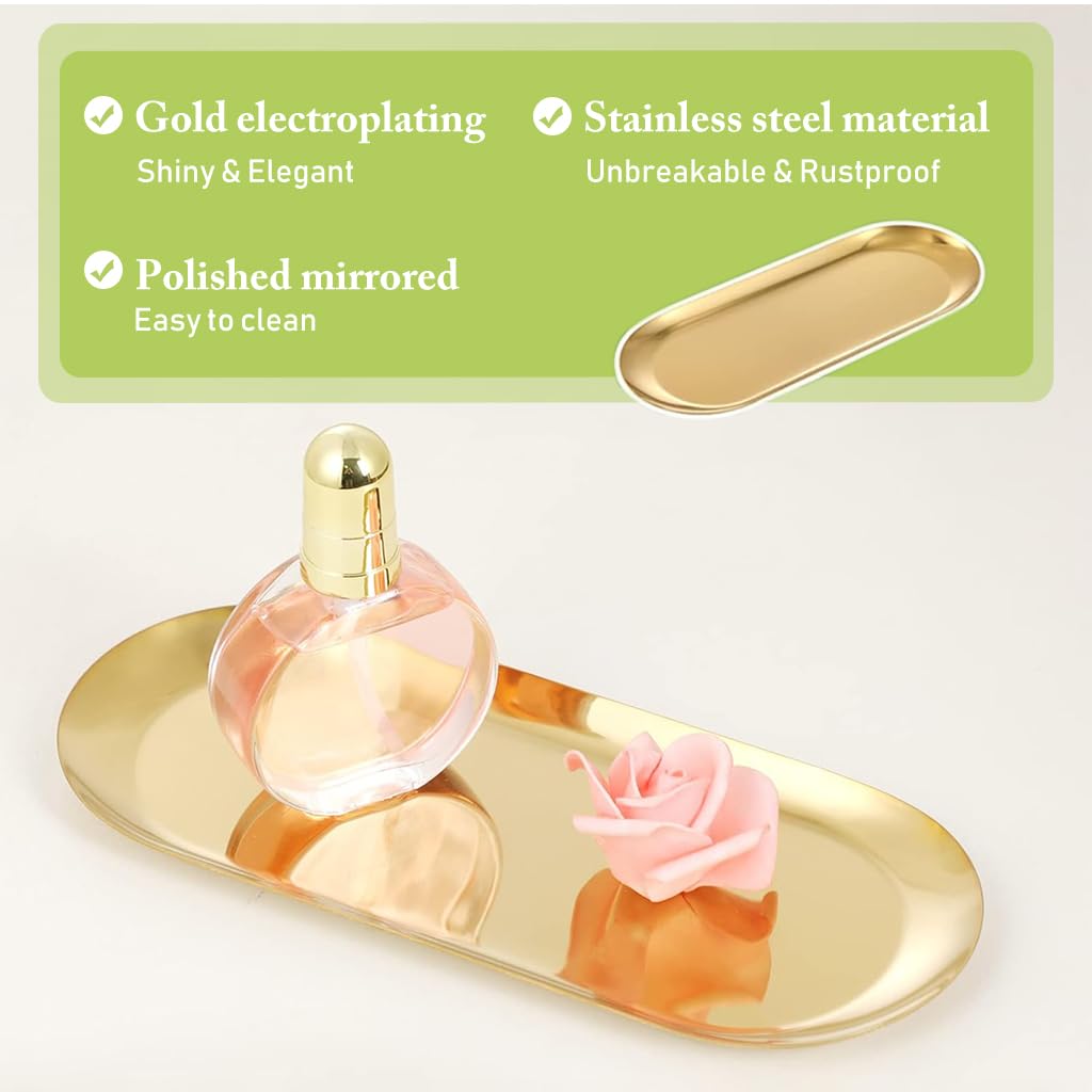 HASTHIP Jewelry Organizer Trays for Dressing Table and Bathroom featuring 23x9 cm Stainless Steel Design | Golden Trinket Plates for Home Décor