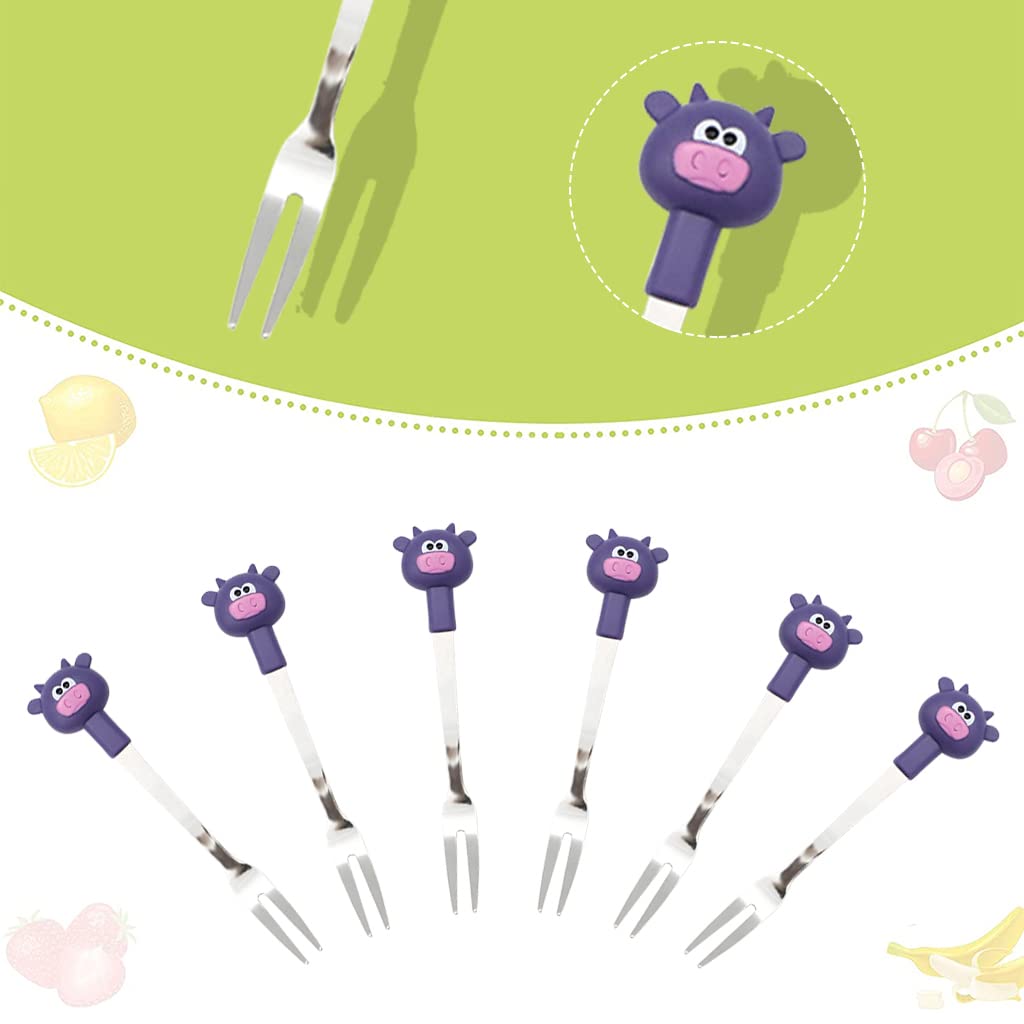 HASTHIP Food Fruit Forks for Kids with Cute Cow Handle 6pcs 4.65in Stainless Steel | Reusable Dessert Fork Set