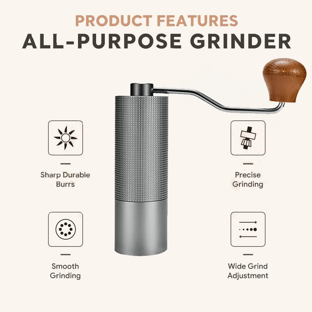 Coffee Grinder Machine Full Metal Manual Coffee Bean Grinder with Grind Size Adjust Knob 25g Capacity CNC Steel Conical Burr & Wooden Grip Handle for Camping Espresso Hand Brew Coffee Crusher