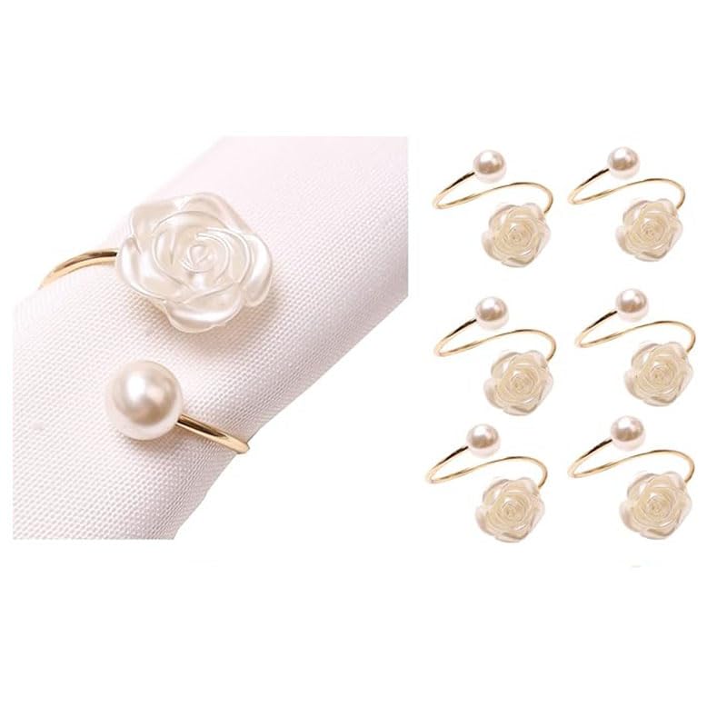 HASTHIP® Pearl Rose Napkin Rings Set of 6, Elegant Gold Imitation Beaded White Napkin Holders for Wedding, Holiday Table Decor, Formal Dinner Party Accessories