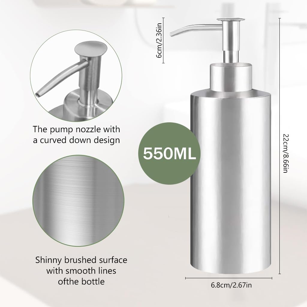 HASTHIP Soap Dispenser Bottle for Kitchen and Bathroom featuring Manual Pump and 550ml Stainless Steel Refillable Design