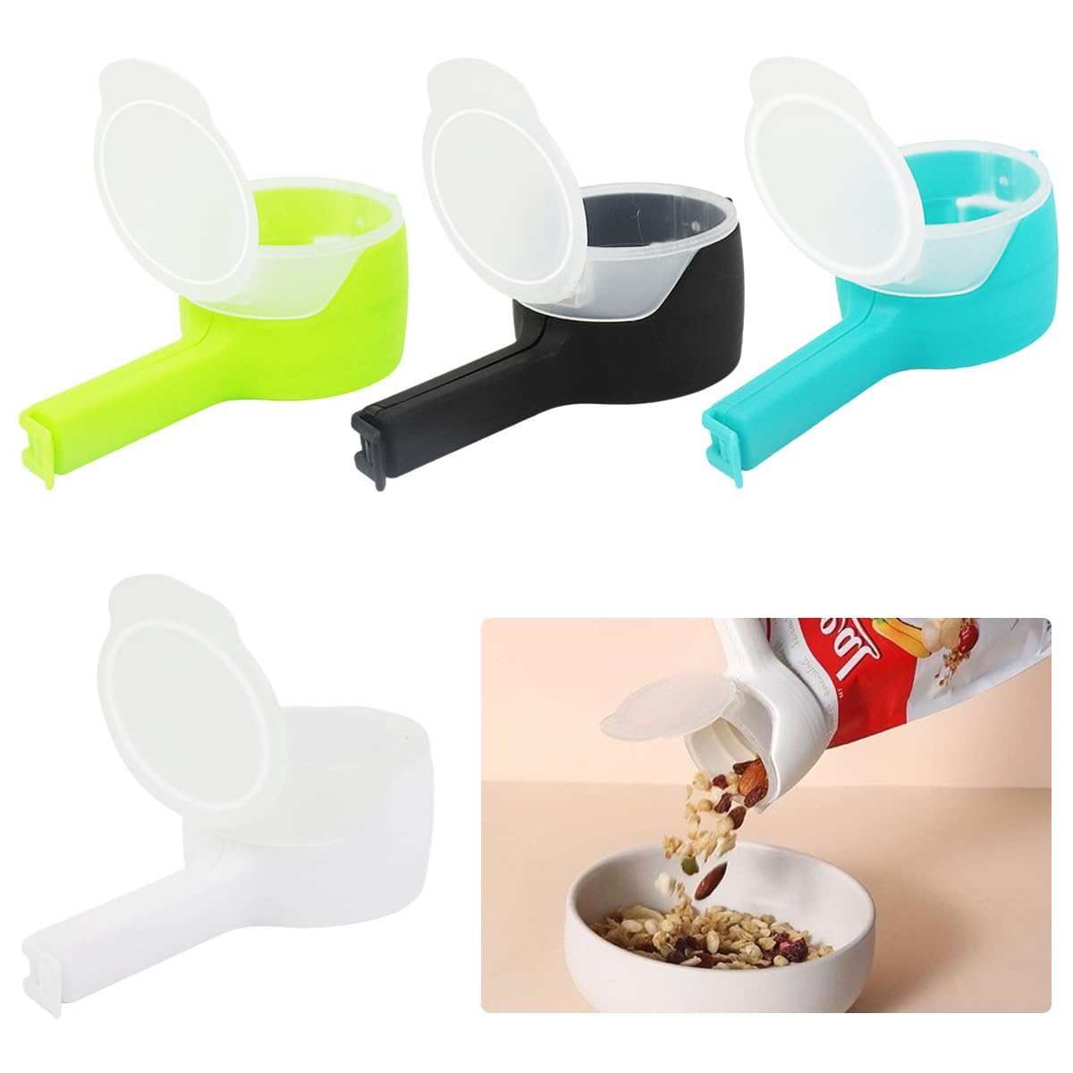 HASTHIP Bag Clips for Food with 2-in-1 Sealing Lid 4Pcs PP Clips for Snack and Kitchen Storage