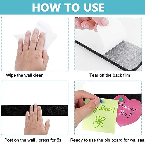 HASTHIP® 5 Pack Felt Bulletin Board, Vision Board Felt Message Board with 35pcs Drawing Pins, Self-Adhesive Lightweight Bulletin Board Strips for Paste Notes, Photos, Schedules (Black)