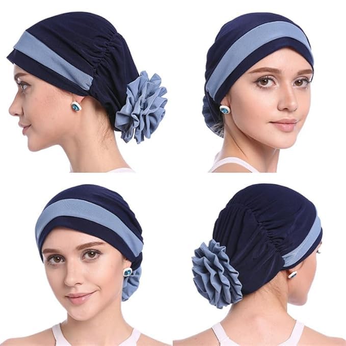HASTHIP® Turbante Oncológico para Mujer con Estampado Floral Gris, Sombrero de Quimioterapia, Gorro Suave para Dormir, Headwrap Largo y Transpirable, Navy