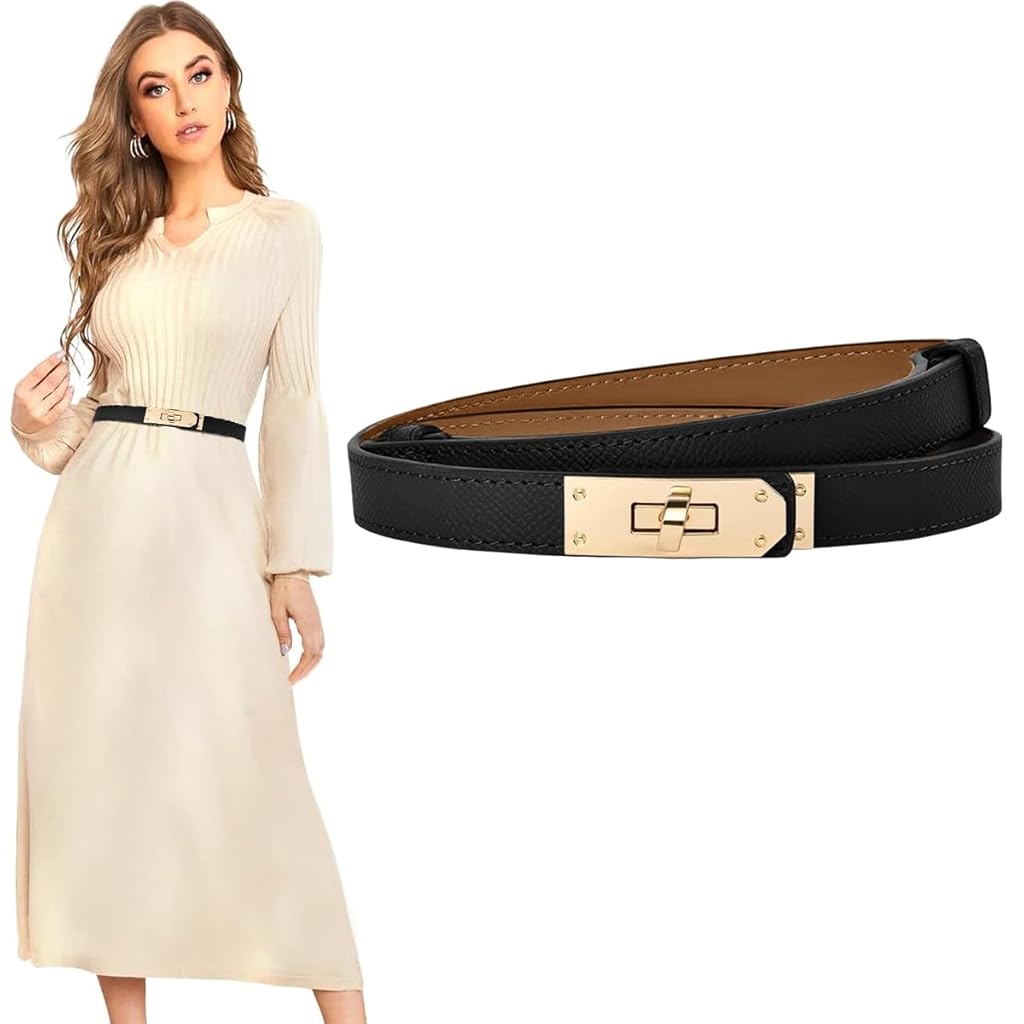 HASTHIP® Cinturón de Mujer de Piel Sintética,Cinturón Elegante con Hebilla Metálica Giro,Cinto Ajustable para Vestidos Pantalones y Abrigos Moda Casual y Formal (Talla 70-95cm)