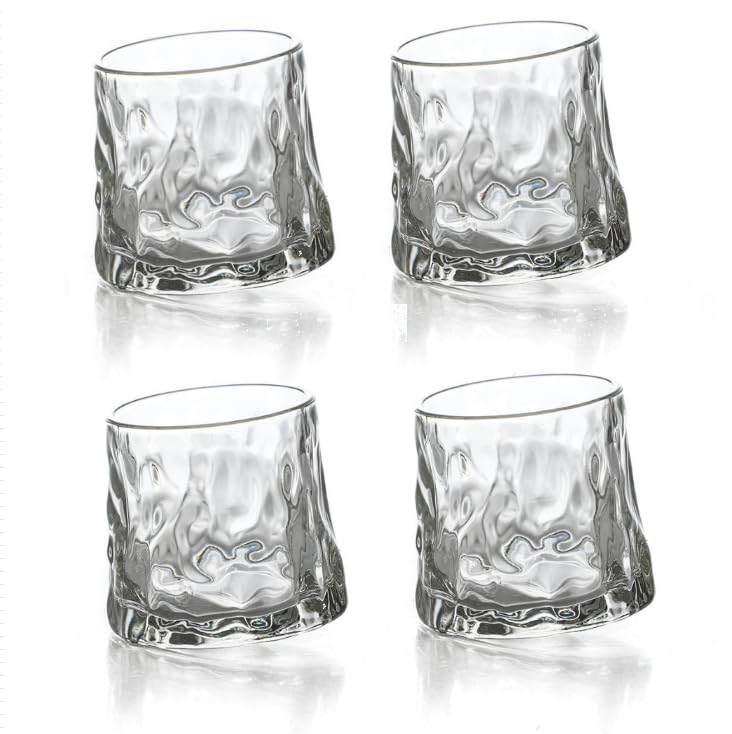 HASTHIP® 4Pcs Whiskey Glass Cups Rocking Whiskey Glass Cups High Class TexturedGlass Rolling Cups Cocktail Whiskey Wine Cups Home Gift, 150ml