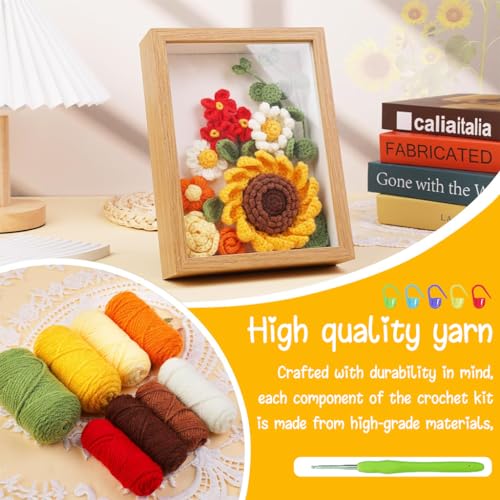 HASTHIP® NAWOKEENY DIY Crochet Kit for Beginners,Sunflower Stuffed Toy & Oil Painting Photo Frame,Complete Knitting Starter Set with Yarn Crochet Hooks Accessories Polyester Fiber Tutorial Video