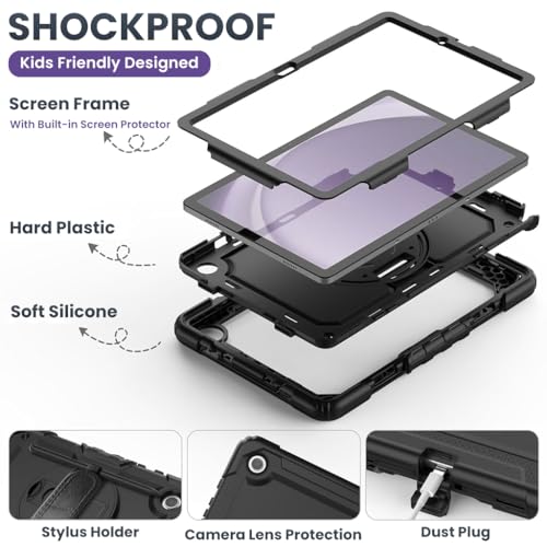 HASTHIP® ZORBES Samsung Tab A9 Plus 11 Inch Case 2023, Silicone Protective Tablet Cover with 360° Rotating Hand Grip, Kickstand, Stylus Holder & Detachable Shoulder Strap