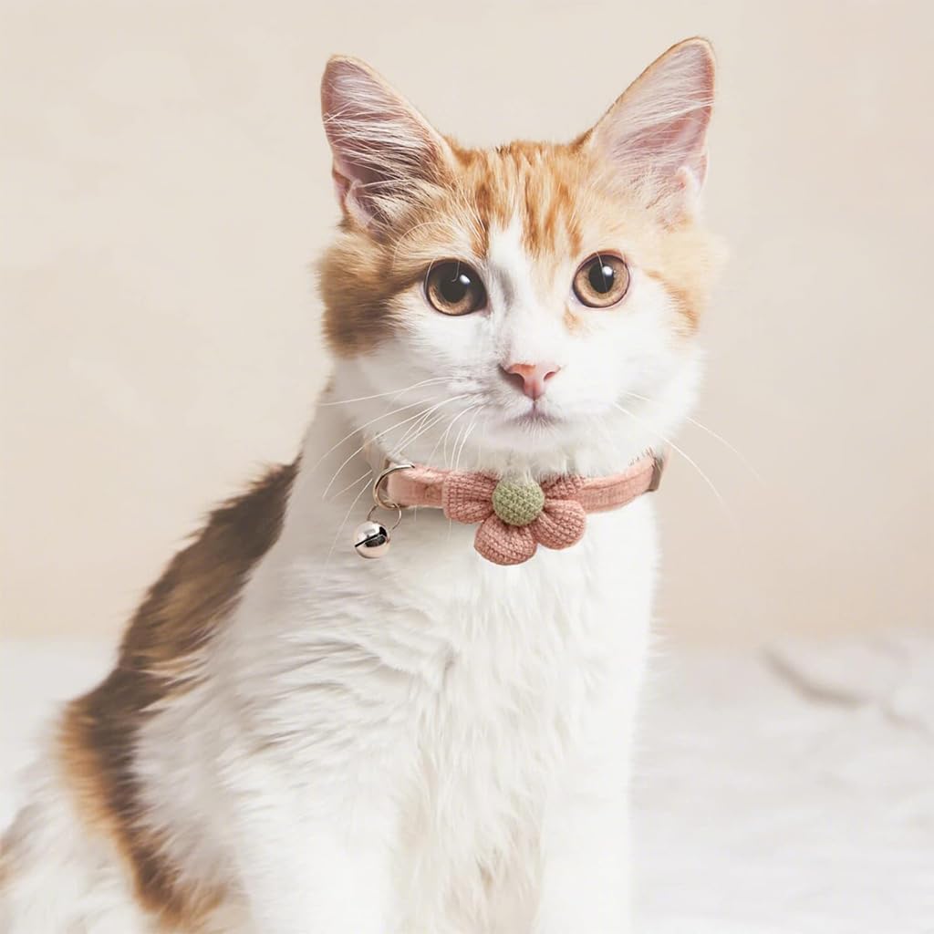 HASTHIP® Cat Belt, Cat Collar with Bell, Pink Flower Cat Collar Soft & Comfortable, Cute Pet Collar Silver Cat Bell Collar