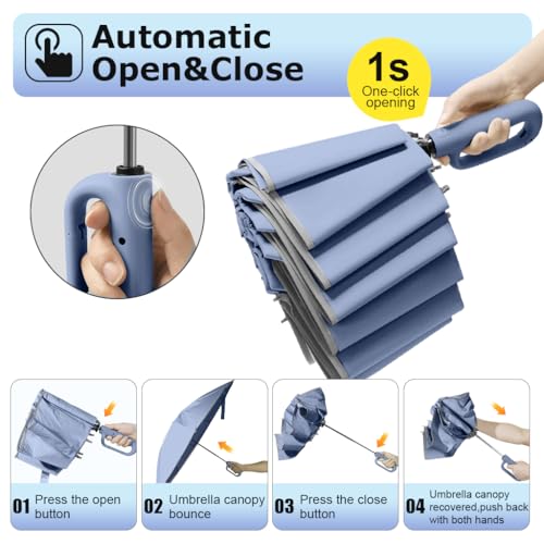 HASTHIP® Large Umbrella with Reflective Strip, Auto 3-Fold Compact Travel Umbrella, Carabiner Handle, Reinforced 10 Dual Ribs, Sun Protection 99% UV & Rain & Windproof for Men Women (Blue)