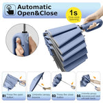 HASTHIP® Large Umbrella with Reflective Strip, Auto 3-Fold Compact Travel Umbrella, Carabiner Handle, Reinforced 10 Dual Ribs, Sun Protection 99% UV & Rain & Windproof for Men Women (Blue)