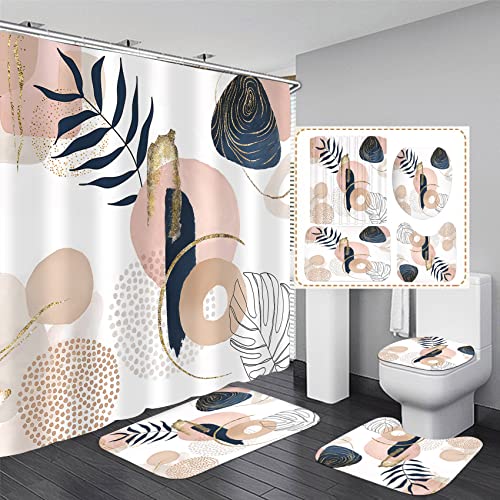 HASTHIP® 4Pcs Bathroom Shower Curtain With Boho Leaf Print - Waterproof Curtain, Toilet Cover, Bathtub & Absorption Foot Mat Combo For Modern Bathroom Décor, Universal Fit, Durable & Stylish Supplies
