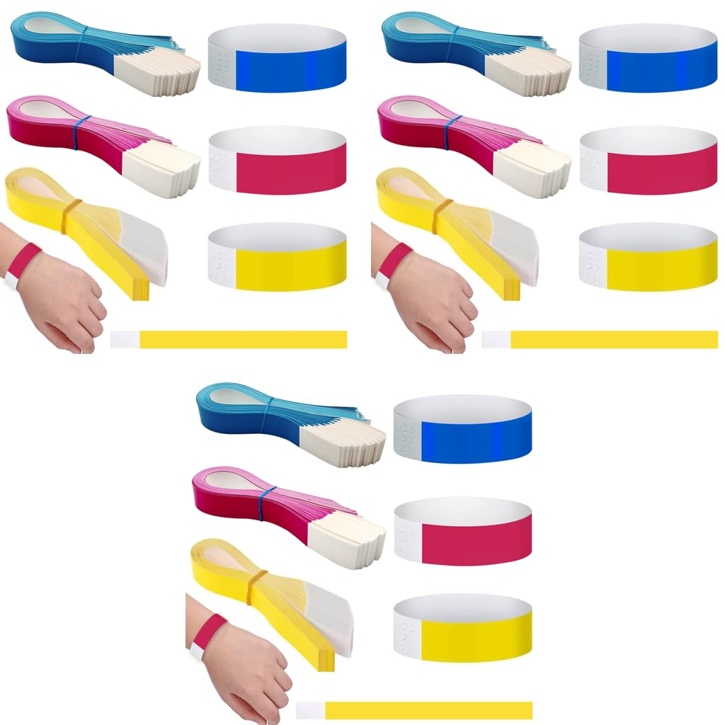 HASTHIP Paper Wristbands for Club and Party Events with Self Adhesive Closure | 300 Count Red Yellow Blue Set