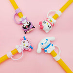 HASTHIP Kawaii Sanrio Series Drinking Straw Lids 8PCS with Anti-Lost Loop | Food-Grade Silicone for 10mm Universal Straws