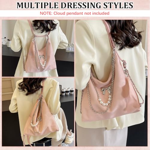 HASTHIP® PALAY Crescent Hobo Bag para Mujer,Bolsa de Hombro y Cruzada de Nailon,con Múltiples Bolsillos Bolso Casual Viaje Bolso Mano Convertible con Cadena y Lazo Rosa