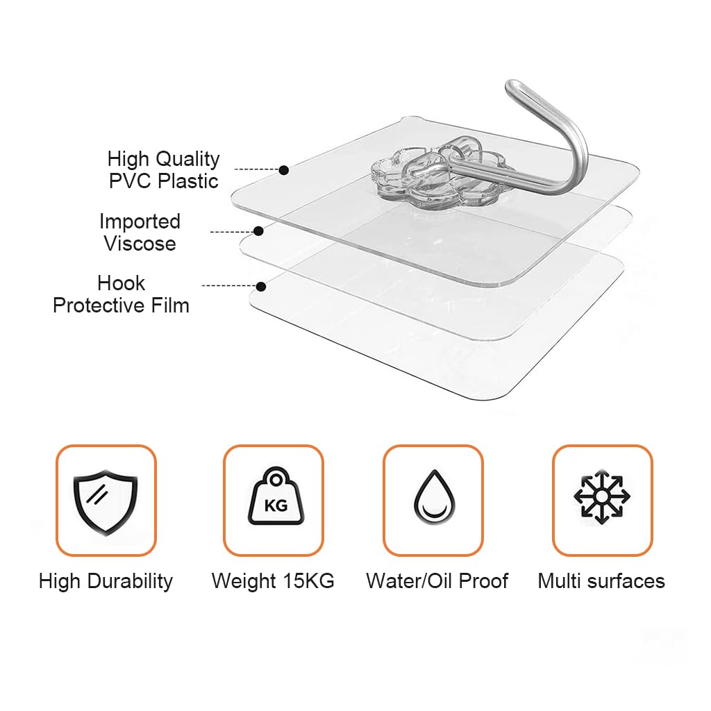 HASTHIP Wall Hooks for Bathroom and Kitchen Organization with Strong Acrylic Glue 10Pcs Transparent | Waterproof and Self Adhesive Design