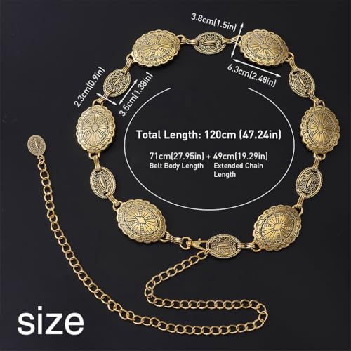 HASTHIP® Waist Belt for Women Golden Metal Concho hip belt for women saree Waist Belt Adjustable boho Western Fashion saree Belt women Chain Belts for Dresses, Jeans, Skirts