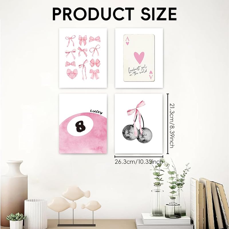 HASTHIP Wall Posters Set of 4 20x25cm Canvas Prints for Bedroom with Pink Bow & Disco Art