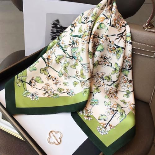 HASTHIP® Pañuelo Grande Cuadrado Mujer 90x90cm, Estampado Vintage Elegante, Bufanda de Pelo Seda Suave, Bandana Ligera Versátil Accesorio de Moda Verde