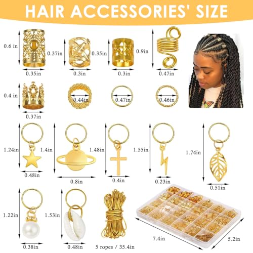 HASTHIP® Marca 259 Piezas Accesorios para Cabello Trenzado,Anillos de Trenza,Decoraciones de Metal Dorado y Plateado Cuentas para Dreadlocks Cuffs y Clips Trenzas Extensiones Joyas Mujeres Niñas Bod
