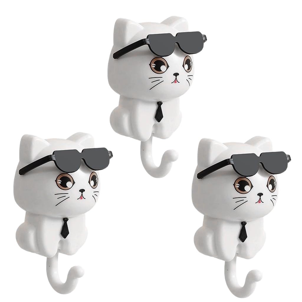 HASTHIP Cat Wall Hooks for Kitchen and Bathroom with Curved Tail Design | 3Pcs White PVC Set