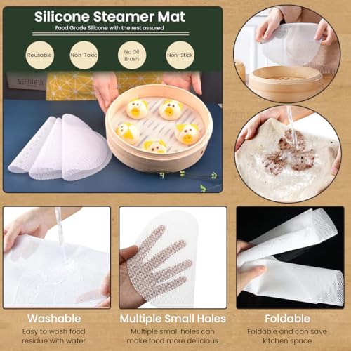 HASTHIP® 5Pcs Non stick Silicone Steamer Liners Mesh Mat Pad, Steamed Buns Dumplings Baking Pastry Dim Sum Mesh Mat Pad for Steamer, Airfryer, Reuseable