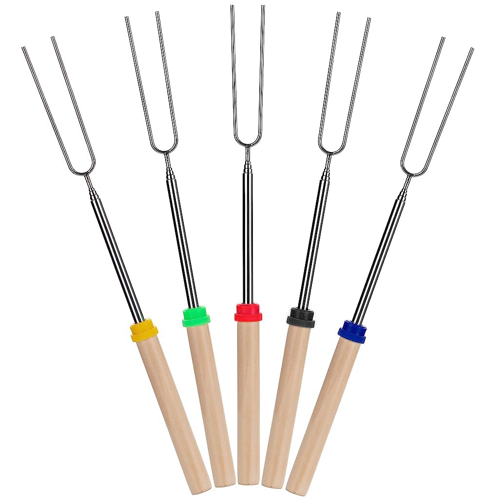 HASTHIP Barbeque Fork Set for Outdoor Grilling with 32 in Extendable Design & Wooden Handle | Stainless Steel Skewers