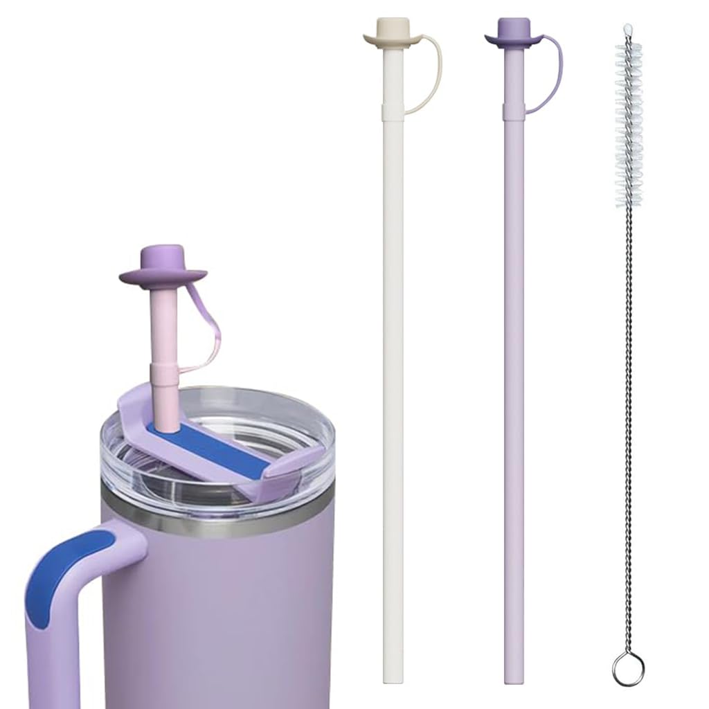 HASTHIP Silicone Straws 2Pcs for Stanley 40 oz Tumblers with Caps and Cleaning Brush | 12 inch Reusable Drinking Straws