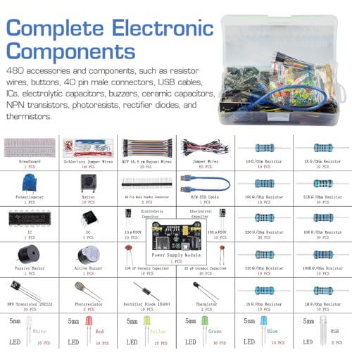 HASTHIP® 480Pcs Electronics Component Fun Kit with Power Supply Module, Jumper Wire, Precision Potentiometer, 830 tie-Points Breadboard Compatible with STM32, Raspberry Pi