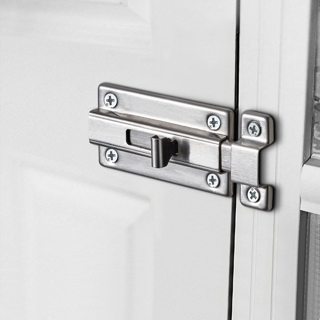 Stainless Steel Door Lock Sliding Latch with Screws Heavy Duty Security Slide Lock for Door, Window, Cabin, Chicken Coop, Barn (2 Pcs, Silver)