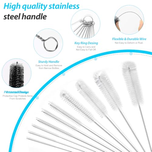 HASTHIP® Chucai Straw Cleaner Brush Set, 10 Pack Stainless Steel Bottle Cleaning Brushes with Nylon Bristles for Metal, Glass, Reusable Straws & Baby Bottles – Multi Size Tube Brushes for Cups, Sippy,