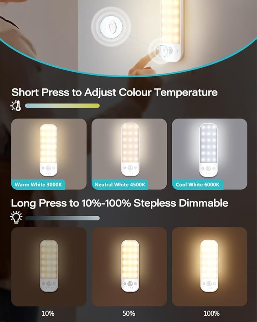 HASTHIP® Motion Sensor Lights Indoor, 2 Pack USB Rechargeable LED Night Light with 3 Modes, 3 Light Color, Stepless Dimmable, with Removable Magnet Sheet Stick-On Cupboard