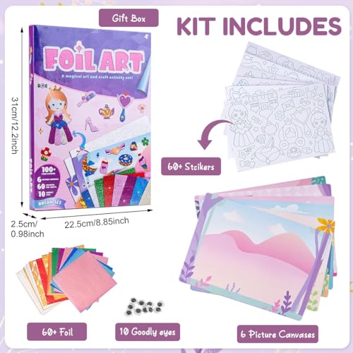 HASTHIP® 3D Sparkling Foil Art Kit for Kids Ages 6-12,DIY Peel and Stick Arts & Crafts Set,Creative Foil Painting Gift for Girls Beginner Craft Activity Birthday or Holiday