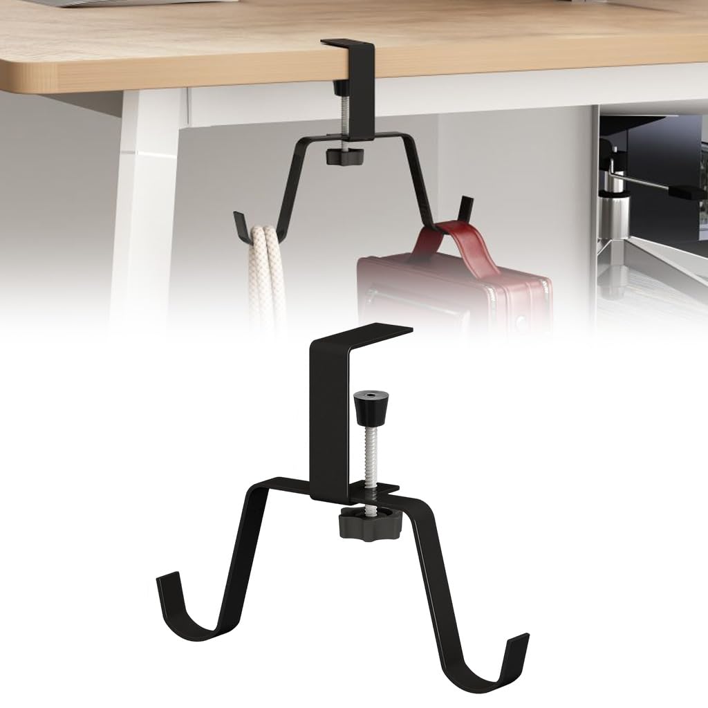 HASTHIP Desk Mount Bag Hook for Office and School featuring Twin Hook Metal Design | No Drill Clamp Organizer