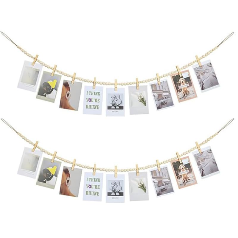 HASTHIP Hanging Photo Display for Wall Decor with 18 Clips and 2×55 in Wooden Bead Garland