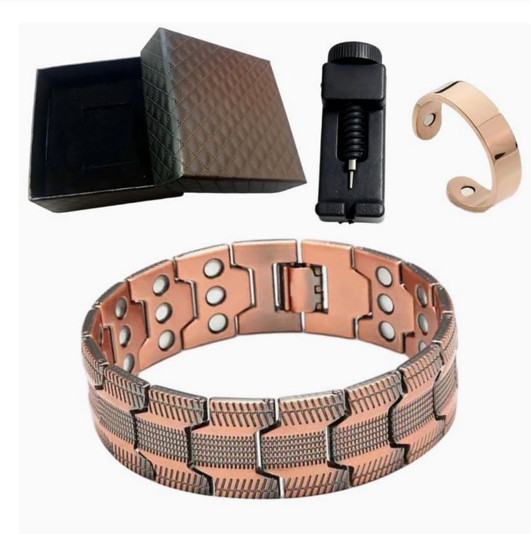 HASTHIP® Pulsera de Cobre para Hombre con Triple Imán de Alta Potencia,Diseño Masculino Cobre Puro,Pulsera Magnética Ajustable con Herramienta Medición - Acabado Bronce Antiguo