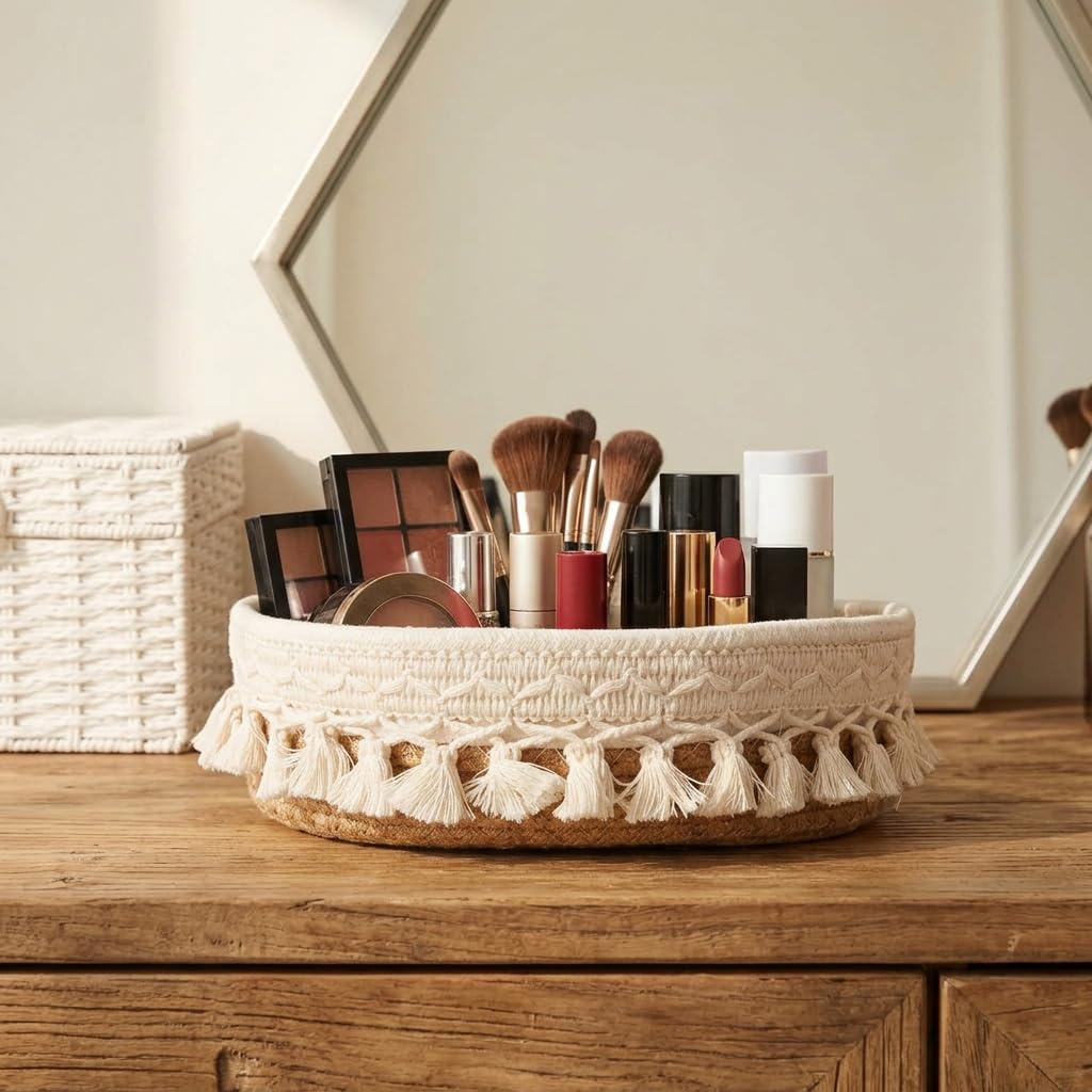 HASTHIP Cotton and Jute Storage Basket, Handwoven Boho Organizer for Cosmetics and Daily Essentials