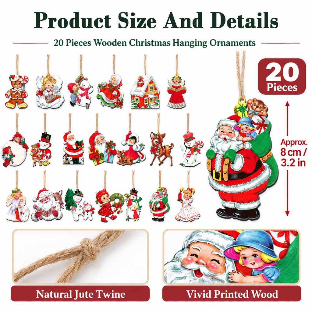 HASTHIP 20-Piece Wooden Christmas Tree Ornaments with Vintage Patterns, 8 cm Tall and Hanging Ropes