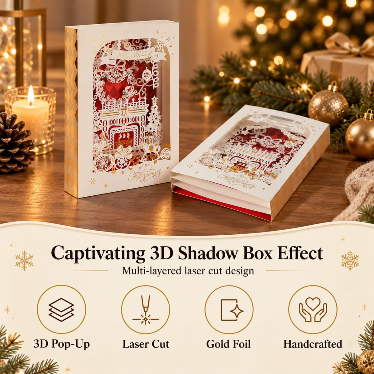 HASTHIP 3D Pop Up Christmas Card with Laser-Cut Village Scene, Red Envelope and Separate Insert Card