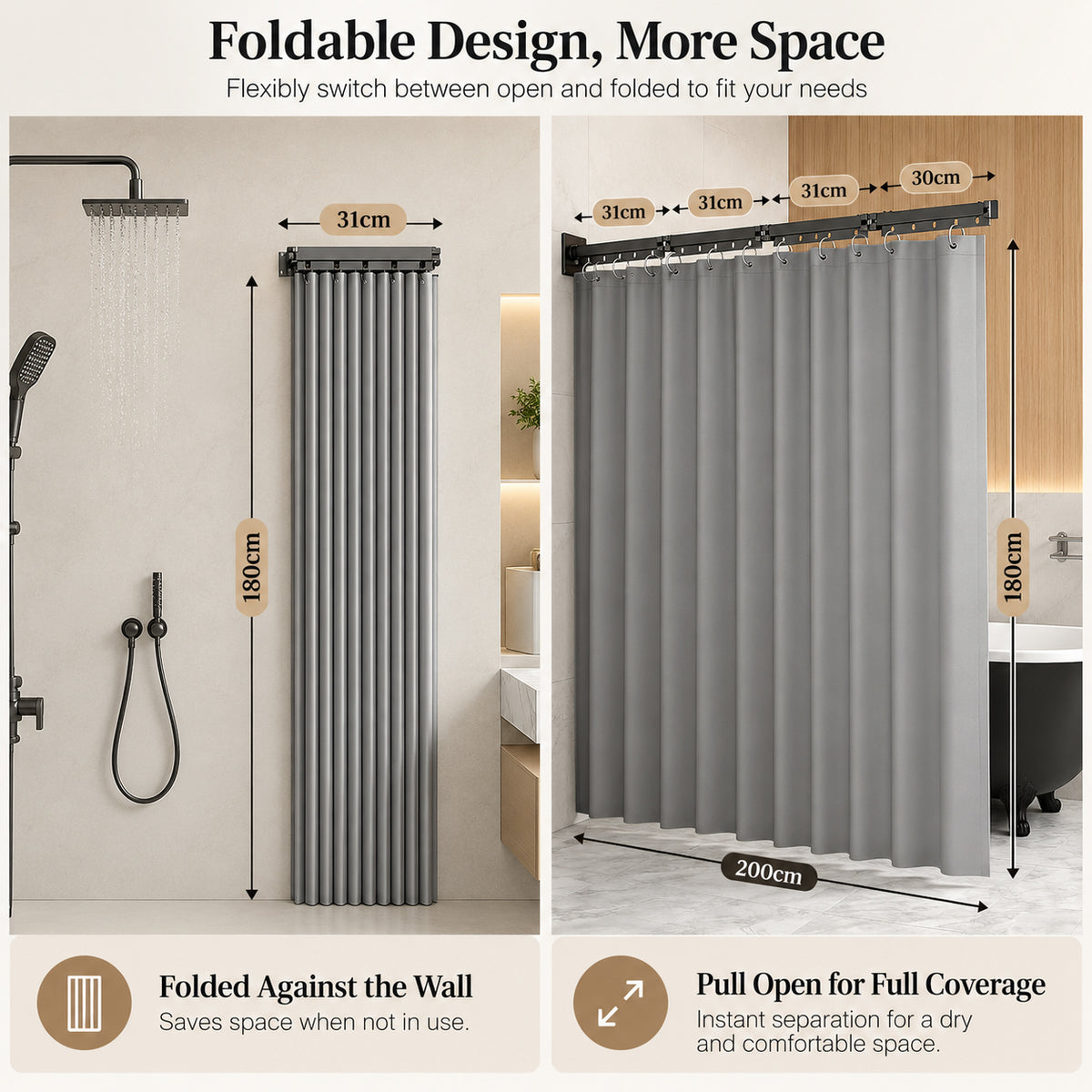 HASTHIP Retractable Folding Shower Curtain Aluminum Rail Waterproof Polyester Cloth