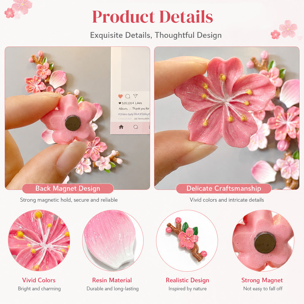 HASTHIP 3D Peach Blossom Fridge Magnets, 16-Piece Synthetic Resin Floral Decor for Metal Surfaces