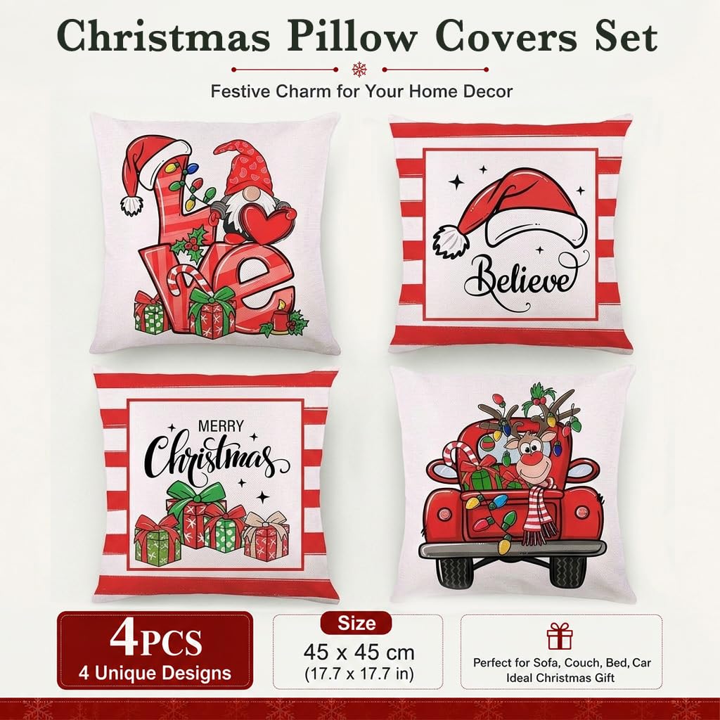 HASTHIP Set of 4 Christmas Cushion Covers, 18 x 18 Pulgadas, with Reindeer, Santa and Snowman Prints